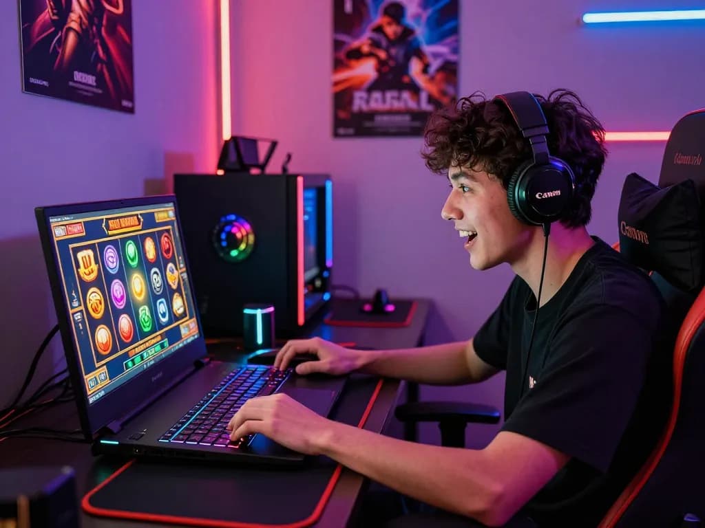 Pengaturan permainan situs slot yang mengasyikkan dengan seorang pemain di laptop dengan grafik yang cerah dan lampu LED.