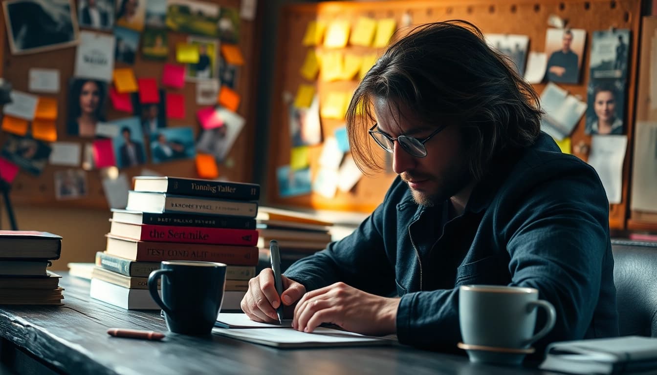 Action thriller author immersed in creativity at a captivating writing desk.