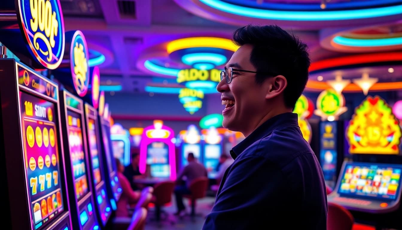 เล่น 918kiss slot ในบรรยากาศคาสิโนที่มีสีสันสดใสพร้อมผู้เล่นที่มีความสุข