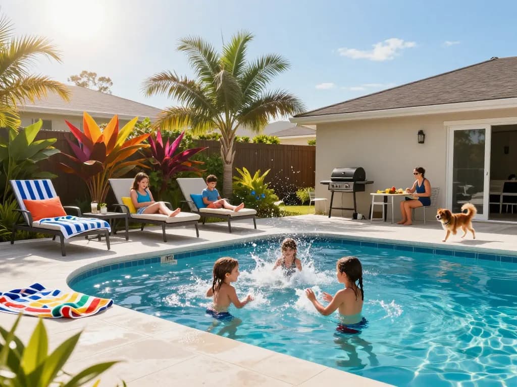 Dolphin Pool Services showcased in a vibrant family enjoying a sunny day at their pool, emphasizing relaxation and joy.