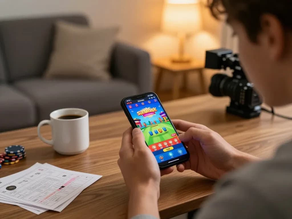 Experience strategic gameplay with sunwinapk app on a smartphone in a cozy gaming environment.
