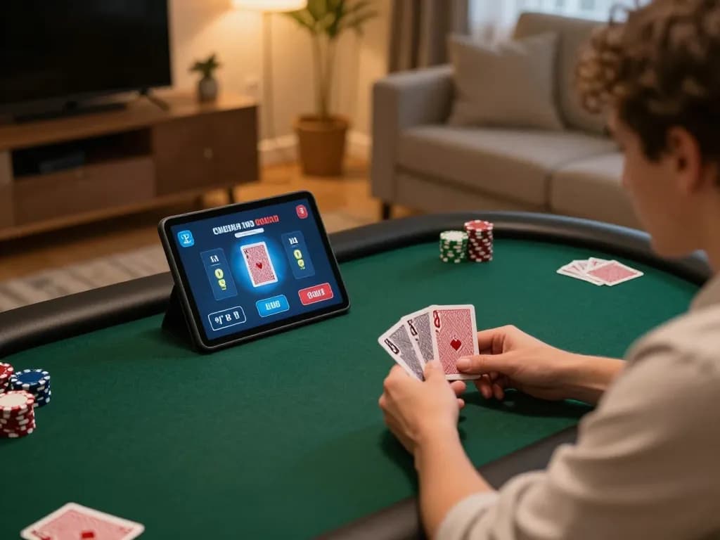 Engaged player at home enjoys strategic poker gameplay on TG88, showcasing winning hands.