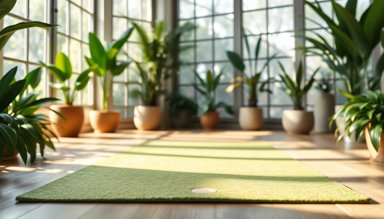 Stachelmatte auf ruhigem Yogaboden, ideal für Entspannung und Wellness, umgeben von Pflanzen.
