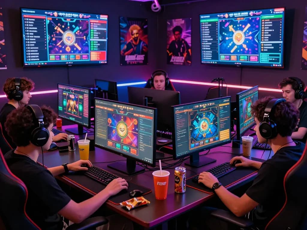 Diverse gamers engaging in Togel Online at their desks with colorful interfaces and energetic atmosphere.