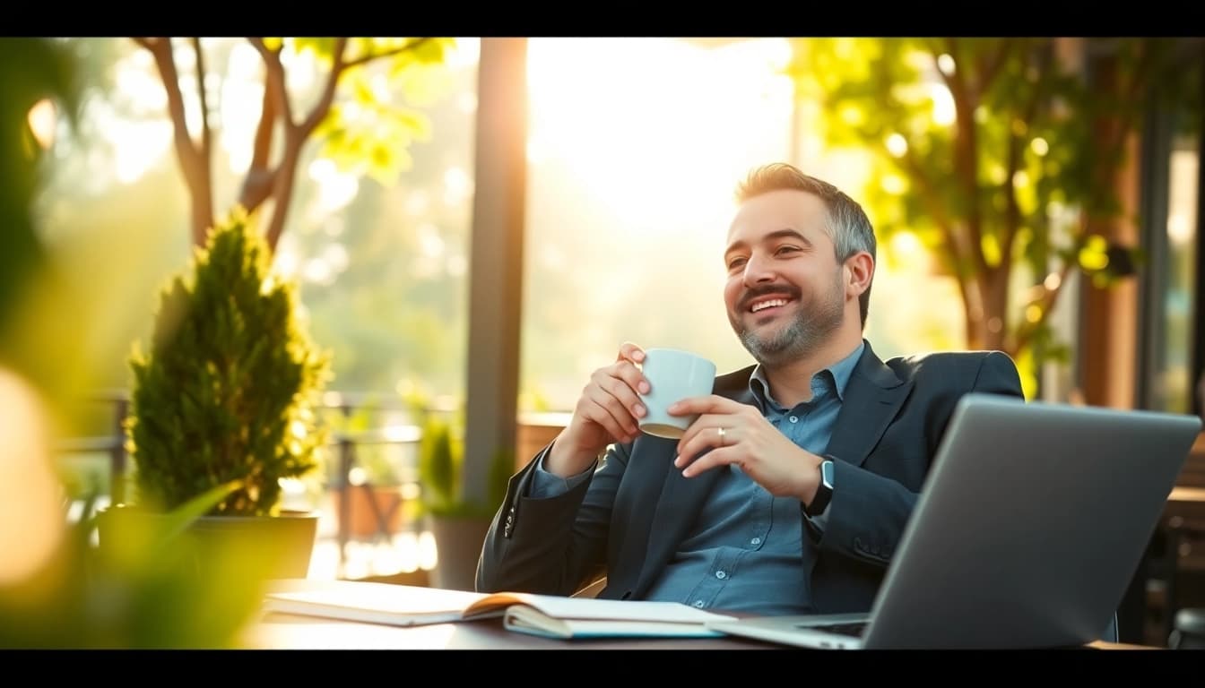 Entrepreneurs break with a business owner enjoying a relaxing outdoor café setting.