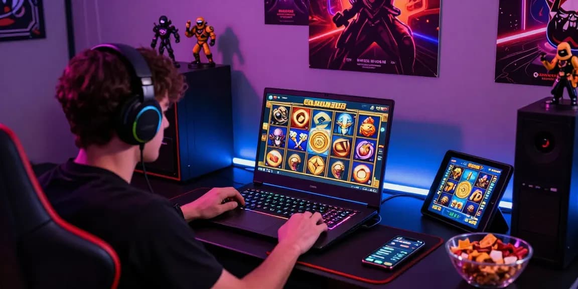 Player enjoying garuda303 slot on a laptop in vibrant gaming setup.