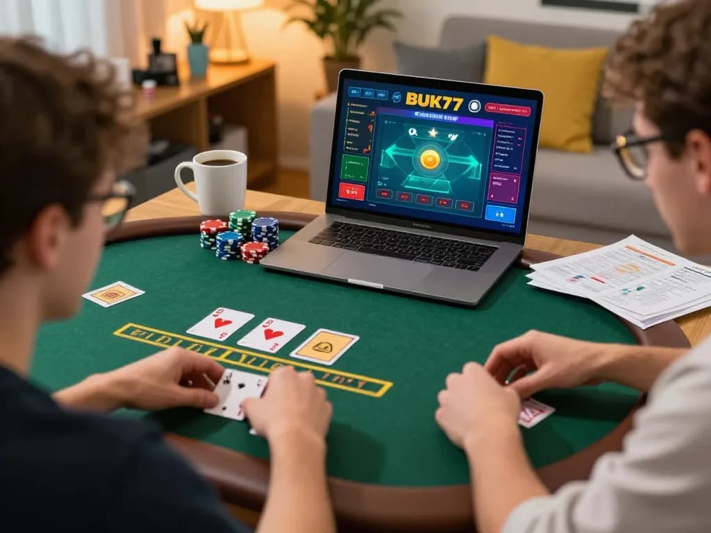 Engaged players enjoying blackjack on BUKA77 online platform with cards and chips visible.