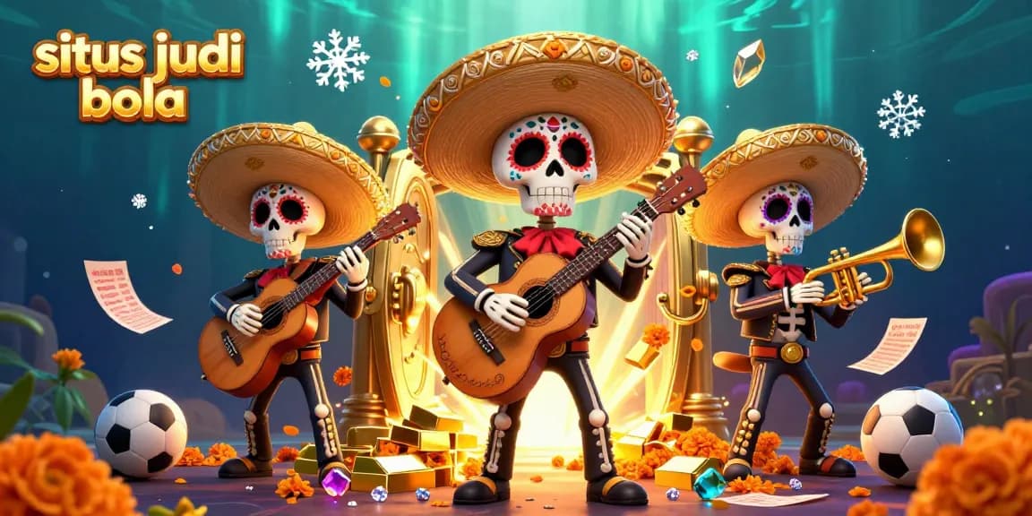 Bet on situs judi bola with vibrant 3D mariachi skeletons, sports elements, and golden treasures.