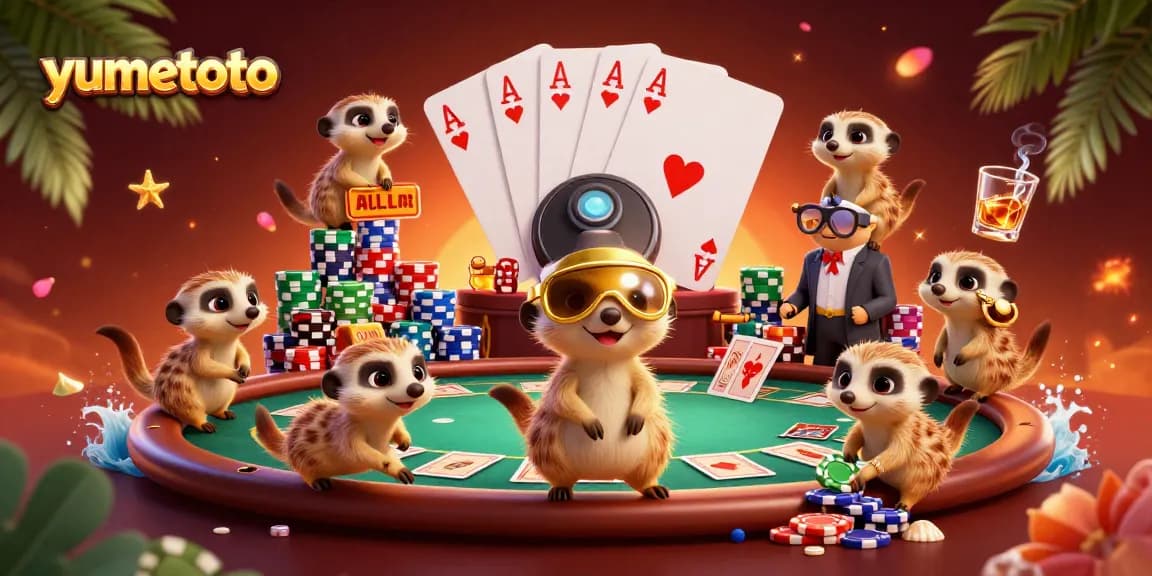 Raih kemenangan besar di yumetoto dengan kasino yang dipimpin oleh meerkat, menampilkan suasana yang penuh warna dan aktif.