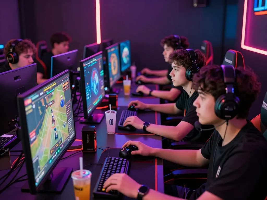 Engaging esports betting atmosphere at hubet88 with vibrant gamers analyzing stats and enjoying nổ hũ hubet88.