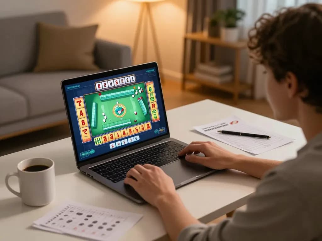 Engaged player spinning a mahjong slot game online during cozy home gaming session