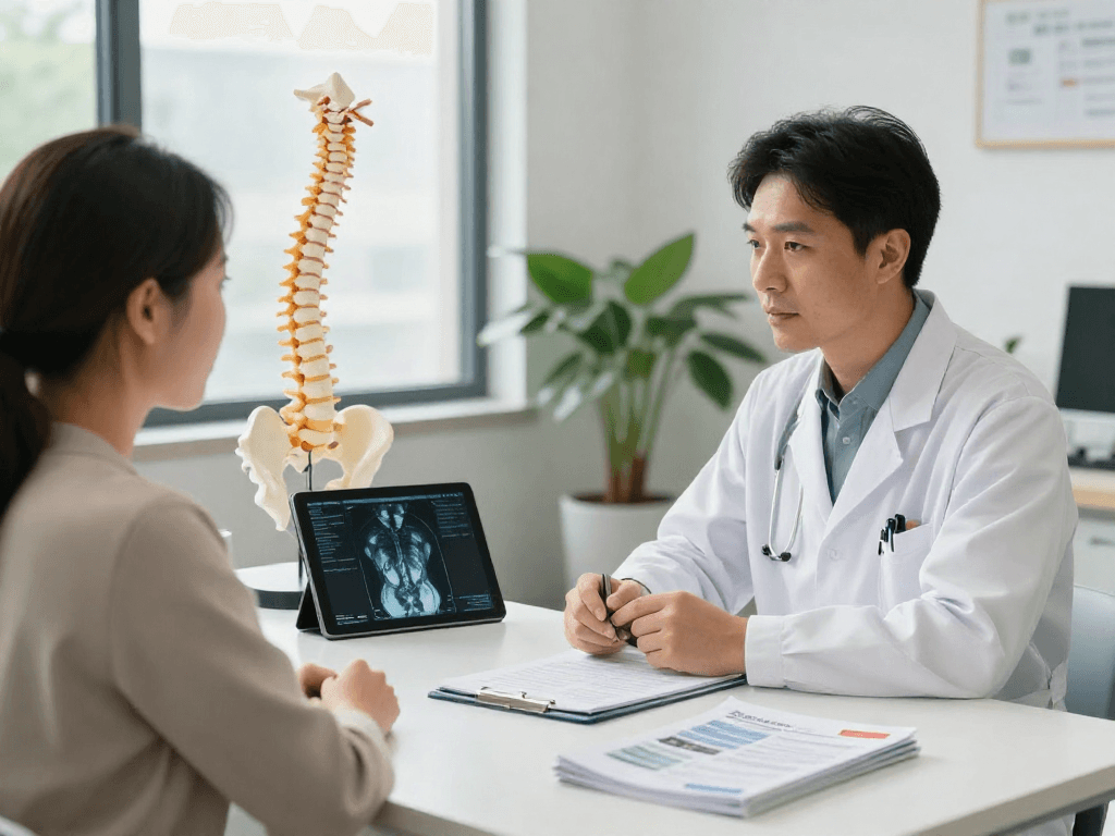 Informed discussion on Bel fıtığı ameliyatı between a surgeon and patient in a modern clinic.