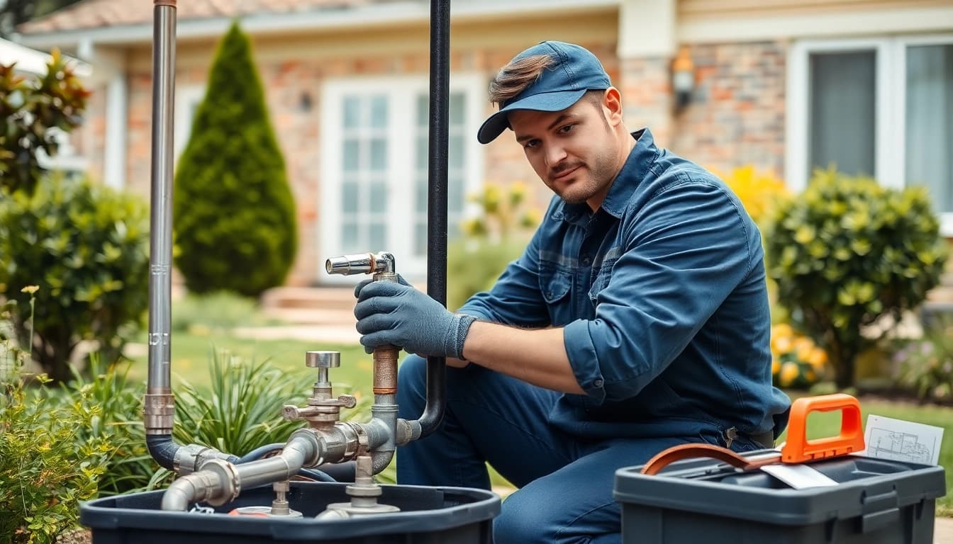 Plumber near me performing maintenance in a home garden, showcasing professionalism and expertise.