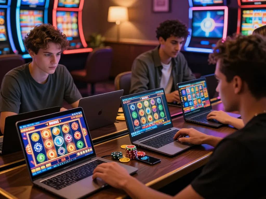 Exciting digital casino scene featuring players enjoying slot bet kecil games on laptops.