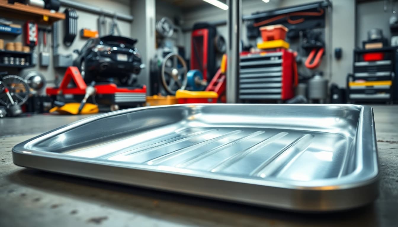Effortlessly collect oil with a high-quality Oil Drain Pan in a well-lit garage setting.