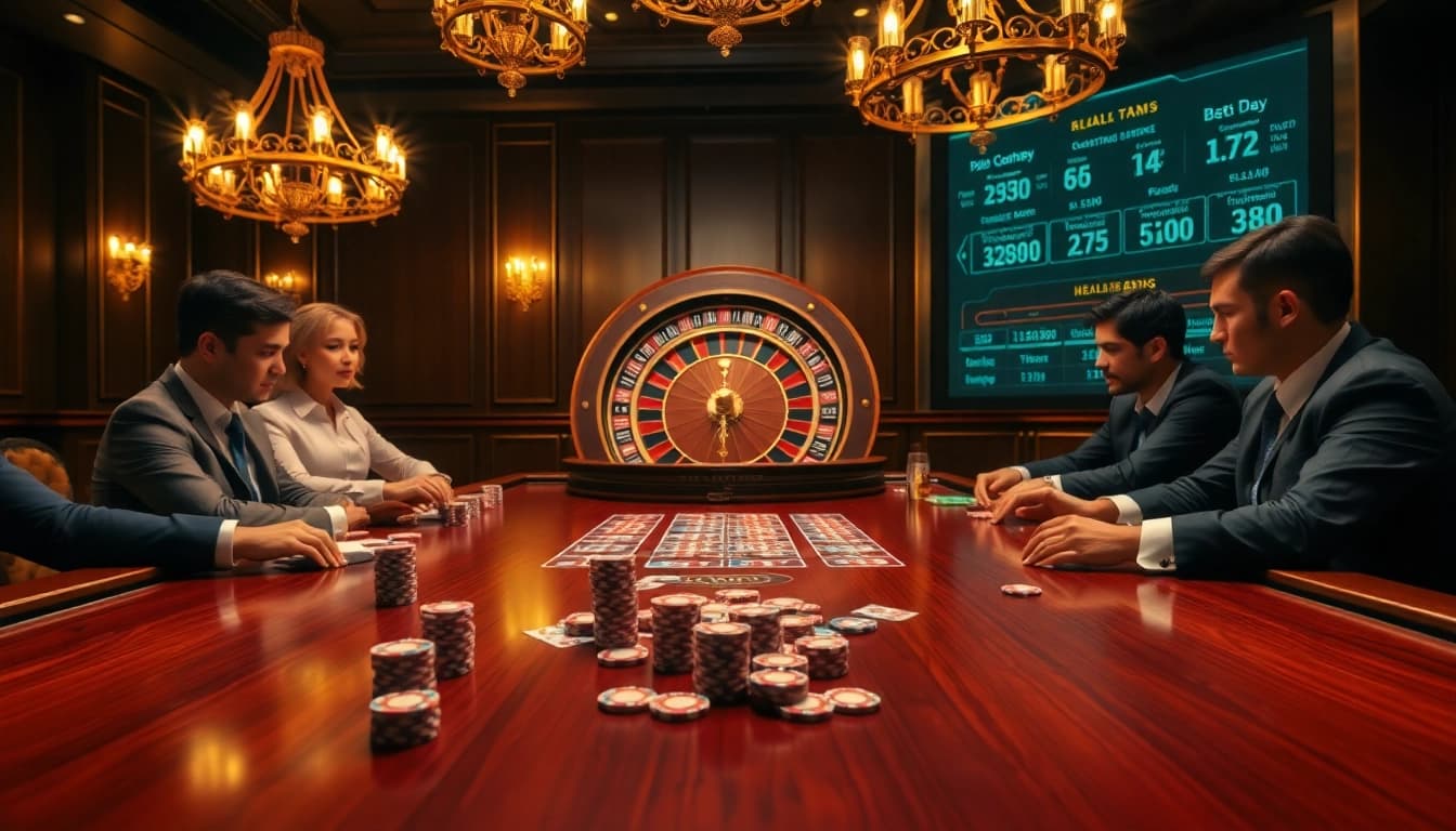 Players strategizing at an MM88-themed poker table with vibrant chips and cards.