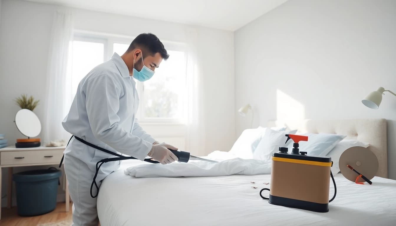 Effective bed bug pest control treatment in a bright bedroom showcasing professional methods
