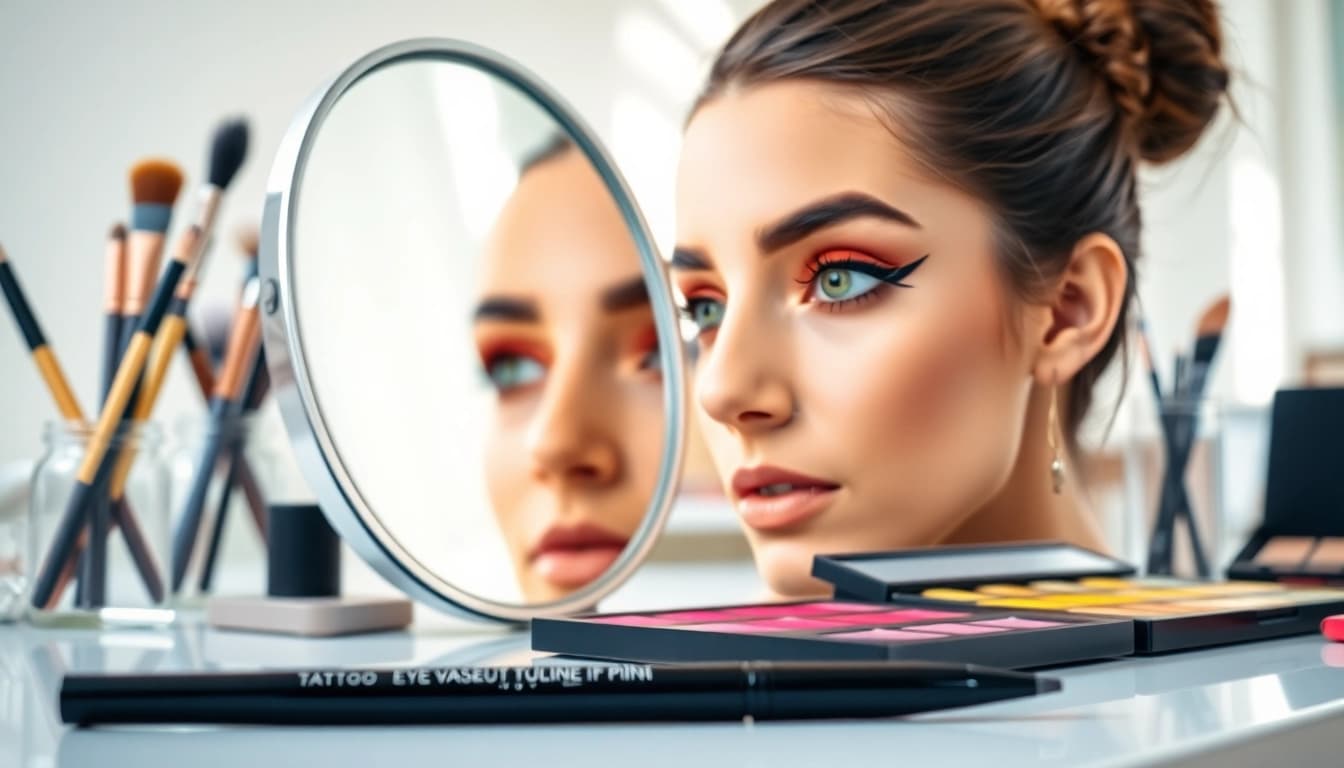 Applying tattoo eyeliner pen in a vibrant makeup studio with professional tools.