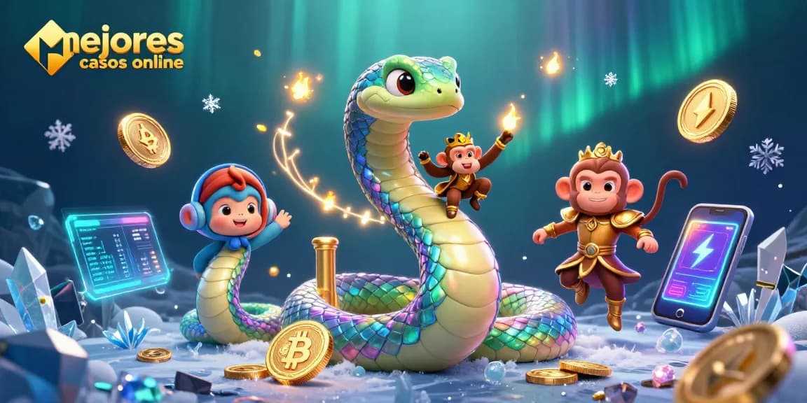 Disfruta de los mejores casinos online con una ilustración vibrante de un serpeinte arcoíris y un rey mono, rodeados de monedas de criptomonedas.