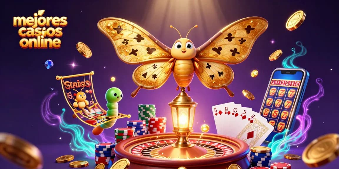 Mejores casinos online iluminando con juegos, monedas doradas y mariposas mágicas.