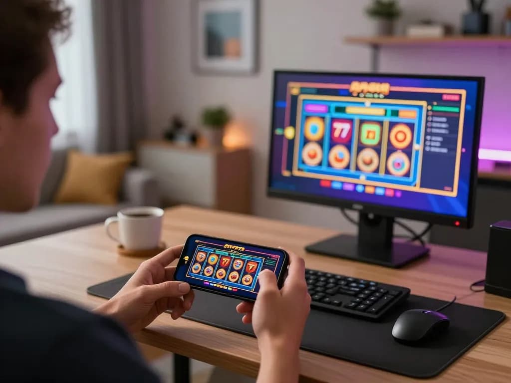 Playing slot777 gacor on smartphone in cozy home office environment