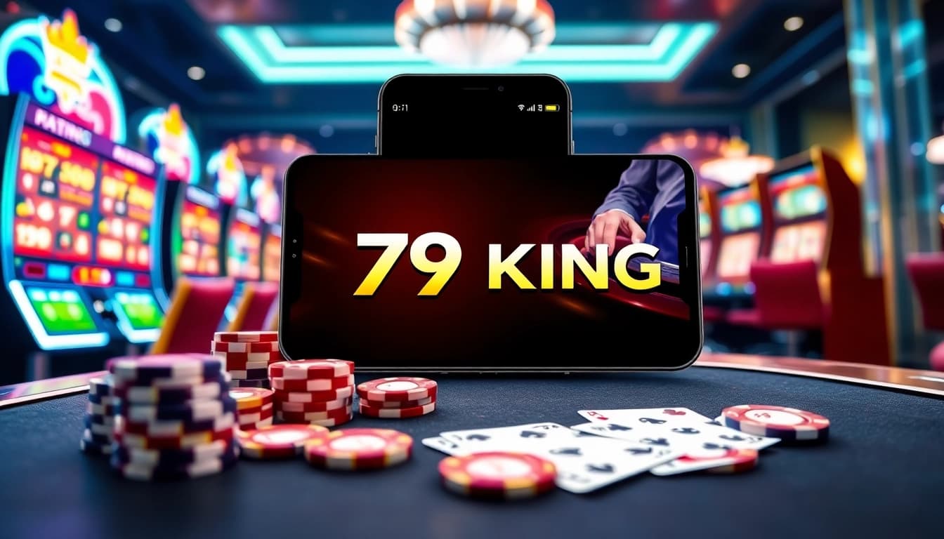 The 79king app displayed on mobile devices amidst an exciting casino atmosphere with poker chips and slot machines.