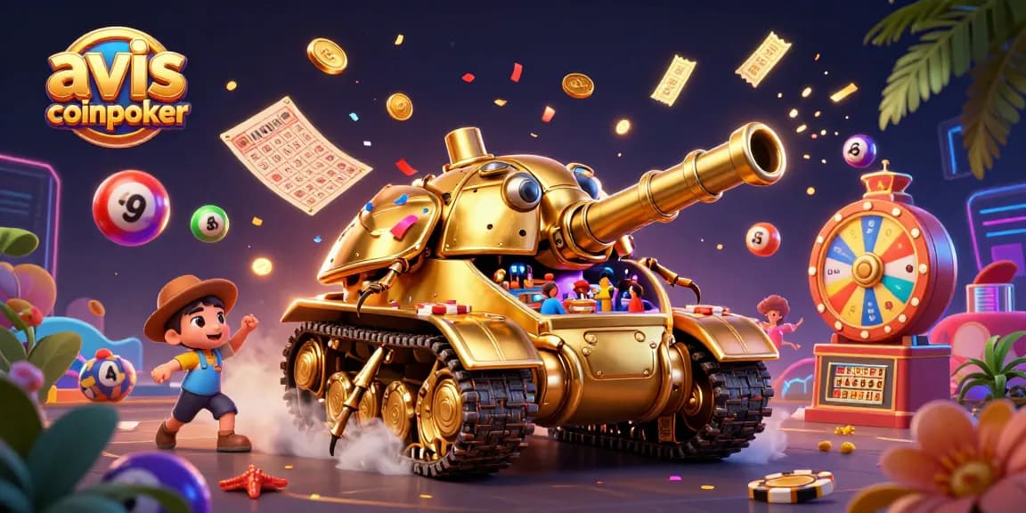 Avis coinpoker : illustration 3D captivante d'un tank doré avec mini casino et jeux