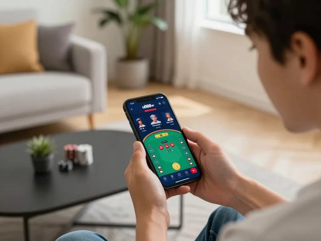 Engage with the u888poker app from home, showcasing a live poker game on a smartphone.