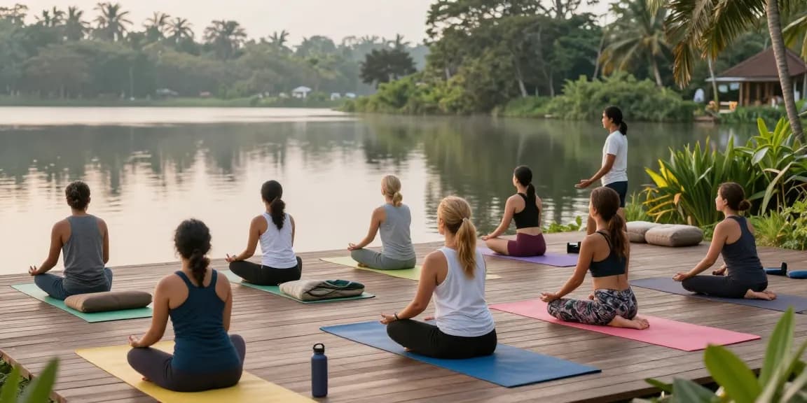 Stefan Camilleri Yoga students practicing Vinyasa flow at serene lake retreat in Sri Lanka.