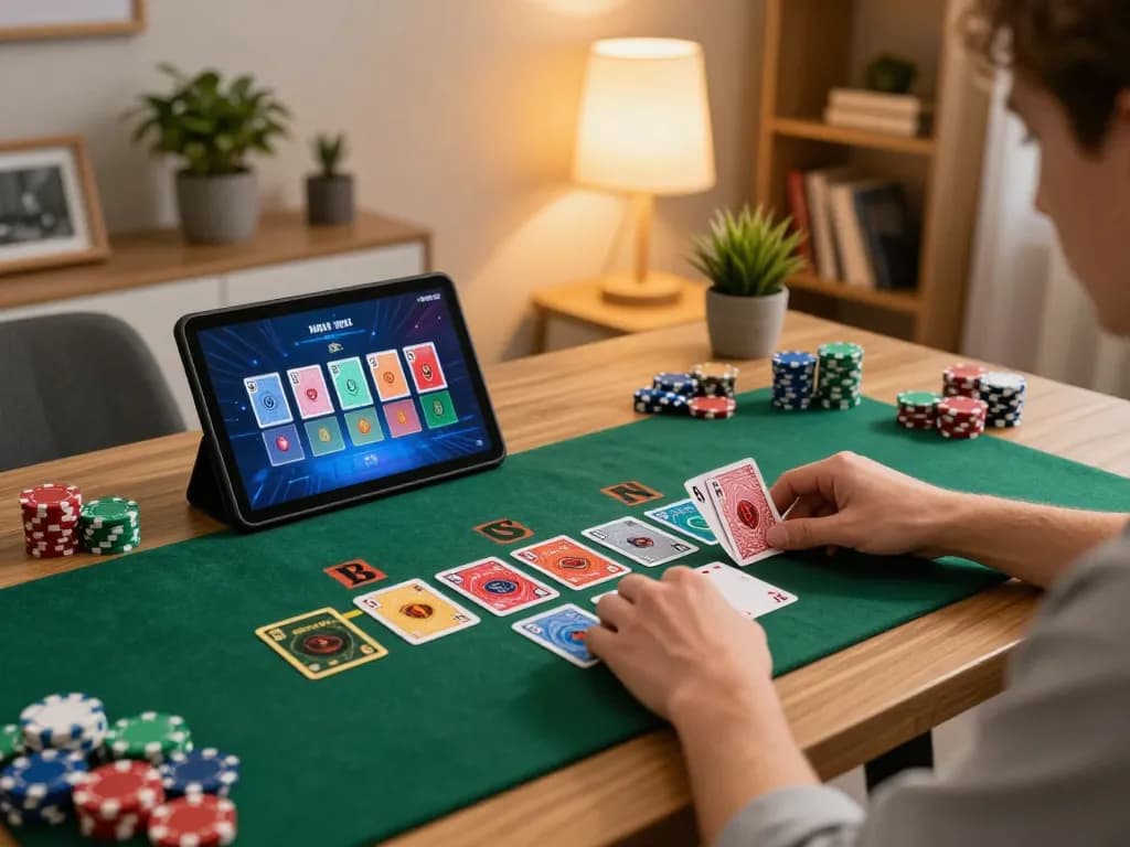 Engaging in strategic blackjack gameplay with nhà cái 388bet on a tablet at home, showcasing vibrant digital casino experience