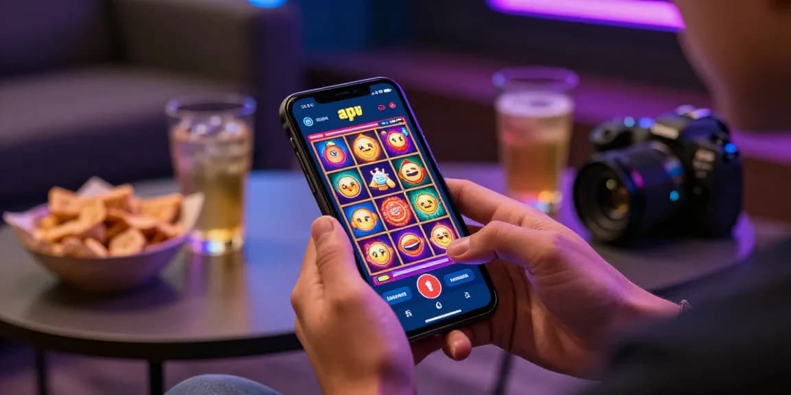 Engaging user experience with apk slot app on mobile device in lively gambling setting.