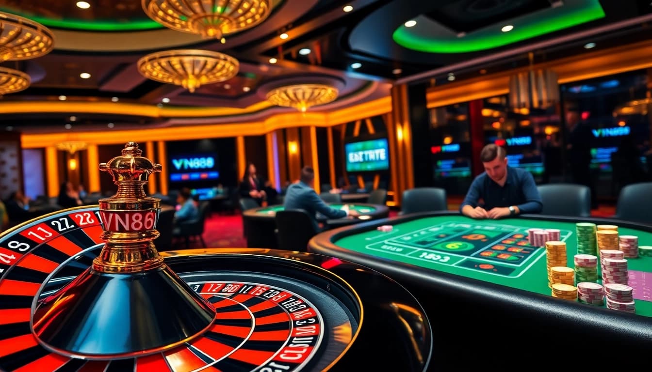 Experience the thrill of online gambling at VN88 with an exciting roulette table scene.