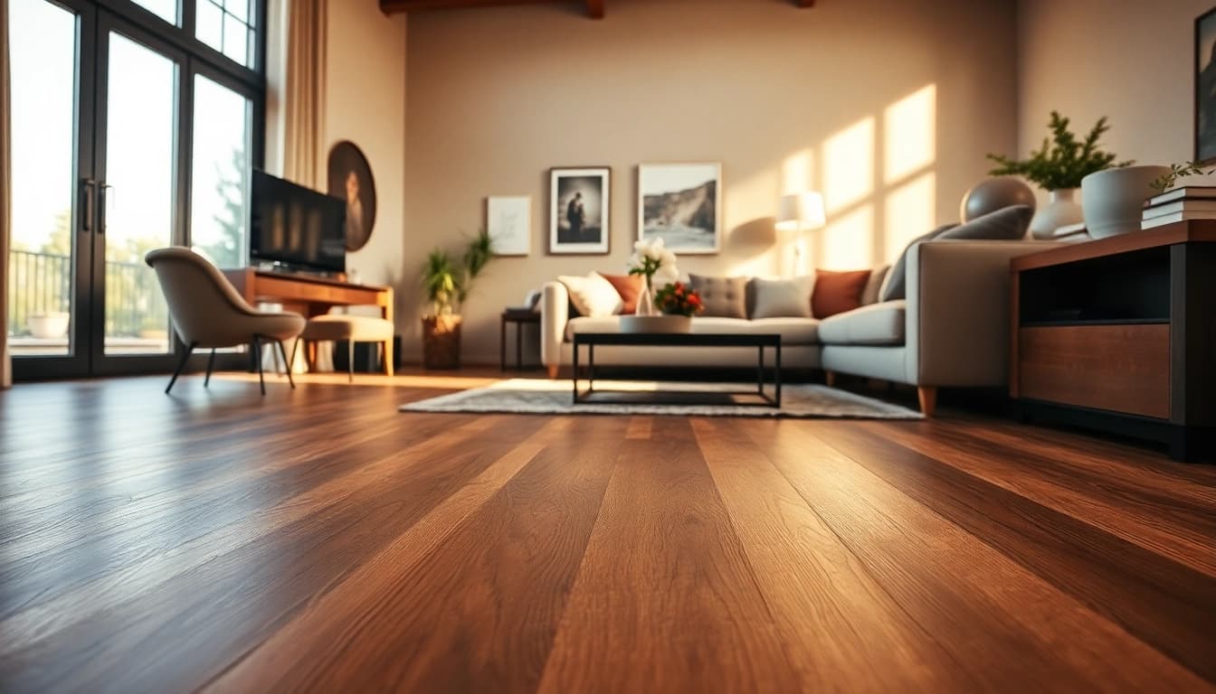 Install vinyl flooring in a modern living room with elegant design and warm lighting.