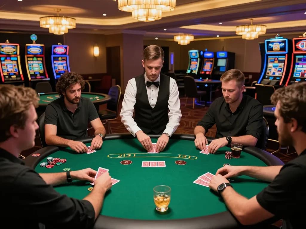 Engaging poker game scene at Trang chủ 79king mới nhất showcasing players in action, with colorful chips and vibrant casino ambiance.