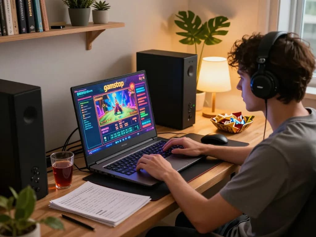 Playing slots not on gamstop on a laptop at home, highlighting an engaging gaming experience and cozy atmosphere.