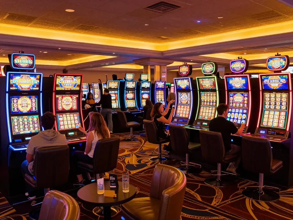 Players celebrating a large win at slot gacor machines in a lively casino atmosphere.