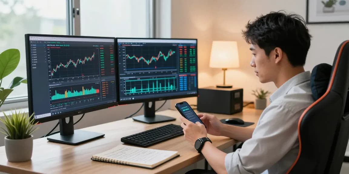 Trader analyzing MetaTrader 5 charts in a modern home office with multiple screens and a notebook.
