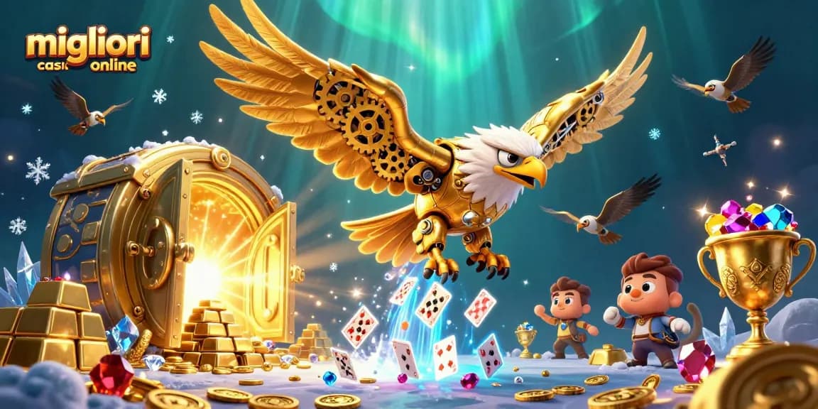 Scopri i migliori casino online attraverso un'illustrazione 3D ricca di dettagli con un'aquila dorata e carte da gioco.