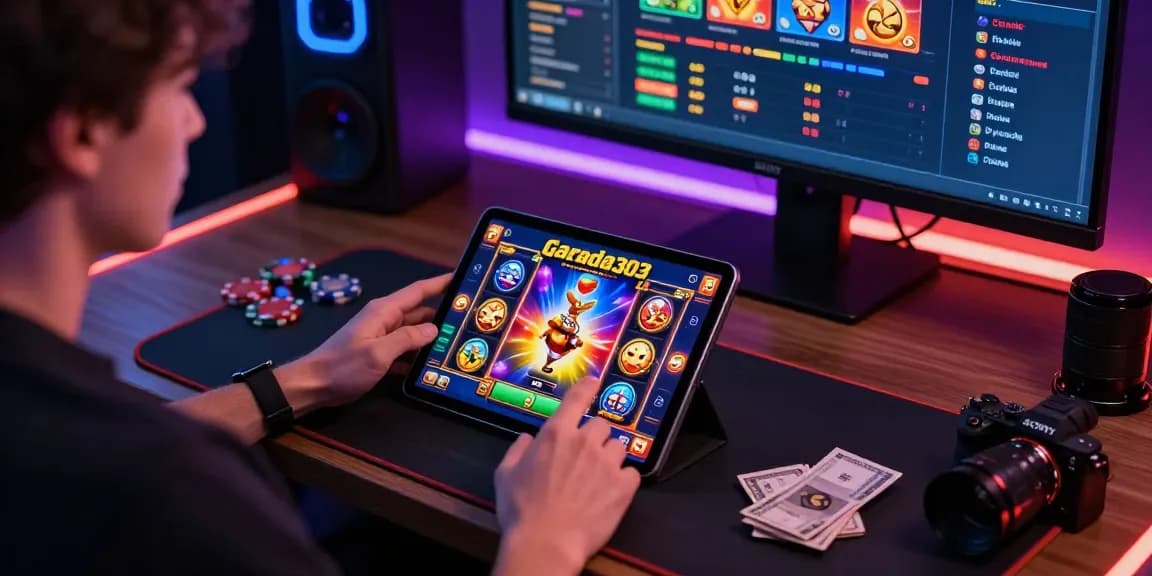 Player engaging with garuda303 slot game on tablet, vibrant graphics and gaming atmosphere