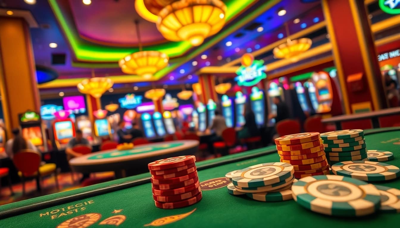 Menampilkan situs pgbet di kasino dengan chip poker dan mesin slot yang bersemangat.