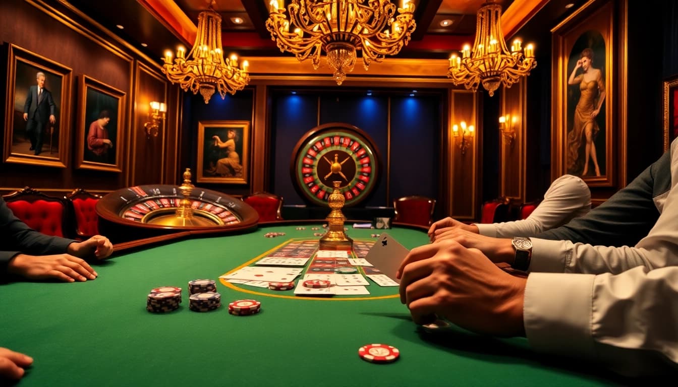 Une vue captivante d'une partie de poker à enjeux élevés au meilleur casino en ligne, mettant en avant des jetons et des cartes vibrants.