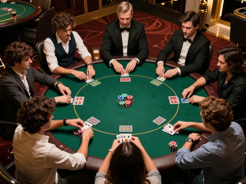 Engaged players enjoying a strategic poker game at 12PLAY casino, displaying colorful chips and cards