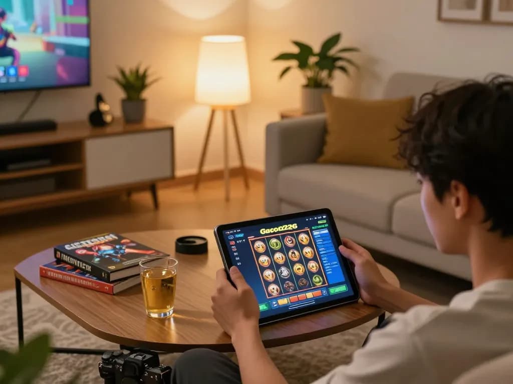 Player enjoying slot-gacor2026 on tablet at home, showcasing engaging online gaming atmosphere.