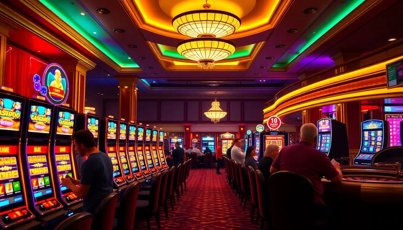 Petaruh yang bersemangat bermain di mesin slot berwarna-warni yang menampilkan opsi slot deposit 1k, menggambarkan kemewahan dan sensasi.