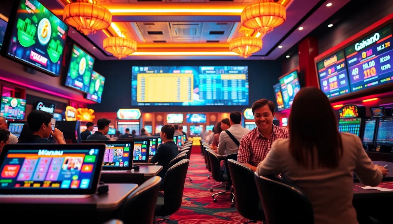 Menampilkan suasana menggembirakan bandar toto macau dengan pemain aktif dan layar digital.