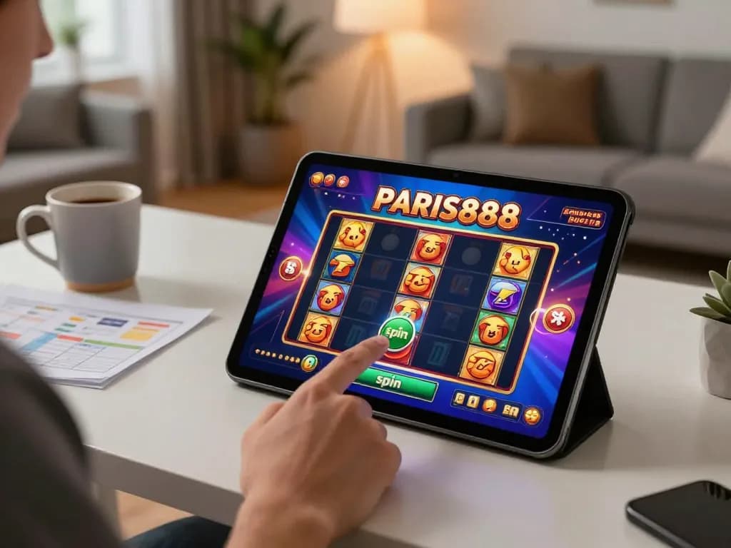 Player enjoying Paris888 online slots on tablet in stylish home office setting