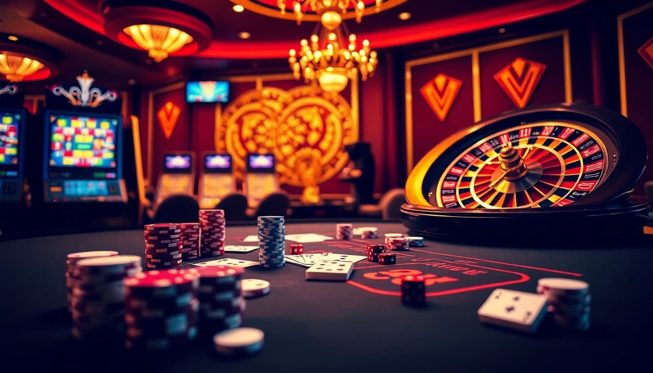 Experience the excitement of gambling at Nhà cái F8BET with luxurious casino tables and vibrant slot machines.