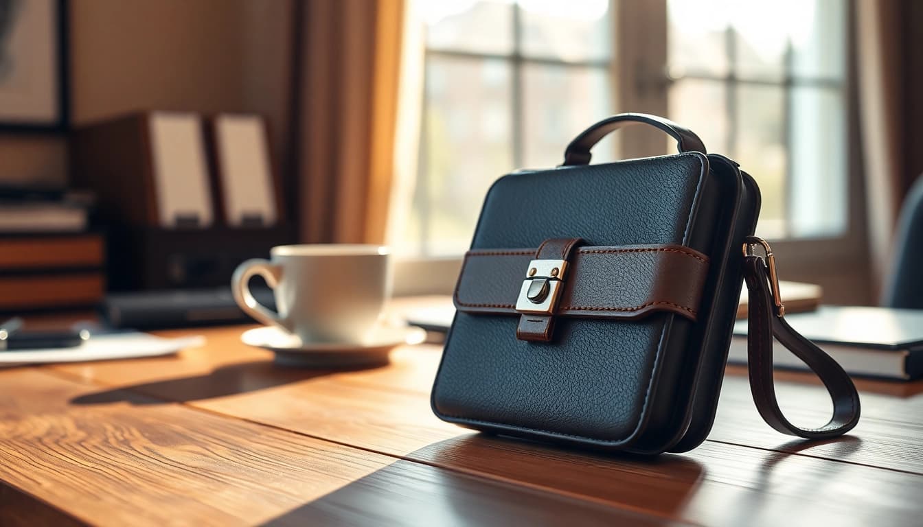 Präsentation einer abschließbaren Handytasche mit eleganten Designelementen auf einem Tisch.