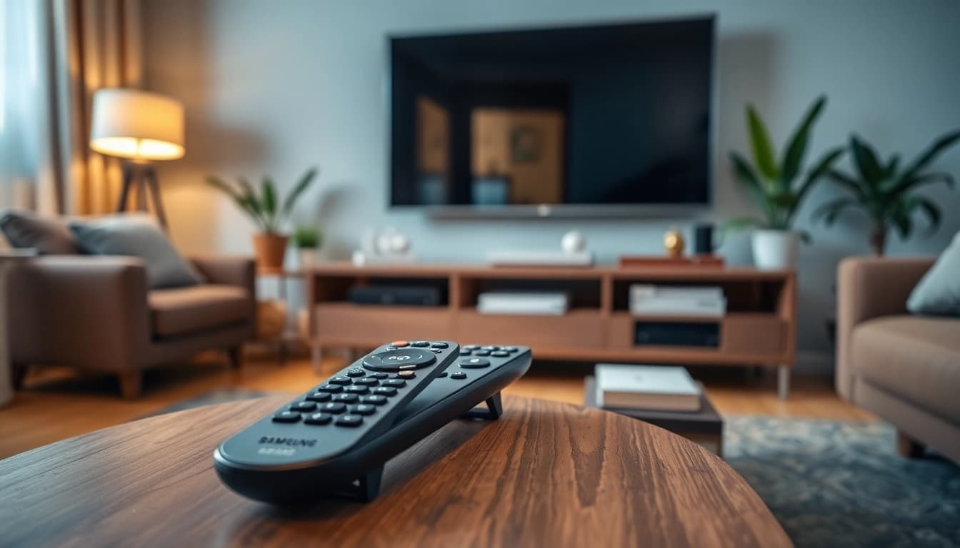 Bediene die Samsung Fernbedienung QE in einer stilvollen Wohnung bei gemütlicher Beleuchtung.
