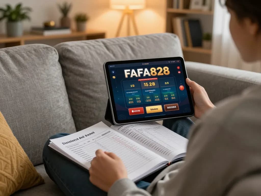 Player using FAFA828 app on tablet for online casino gaming with strategy notes nearby.